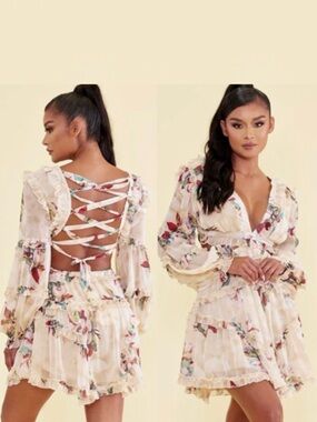 LUXXEL Ivory Floral Ruffle Cutout Back Tie-up Dress ie; Zimmerman!